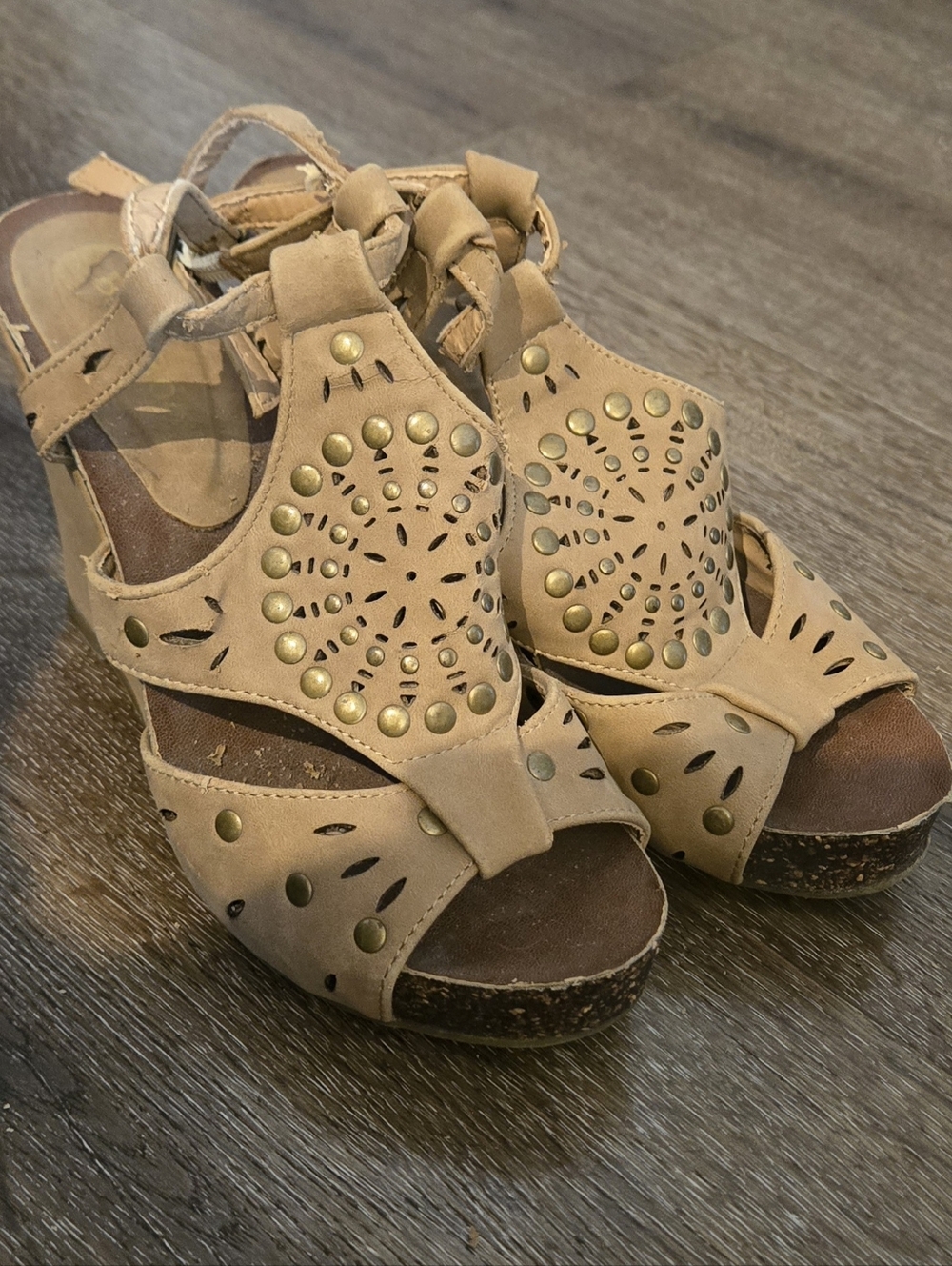 Bamboo Boho Studded Laser-Cut Cork Platform Wedges - Size 7.5
